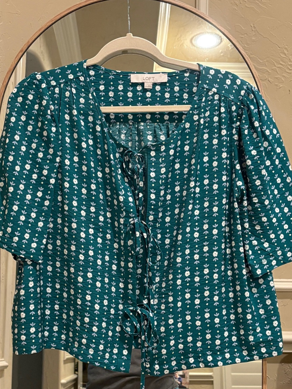 LOFT Teal Floral Tie-Front Blouse